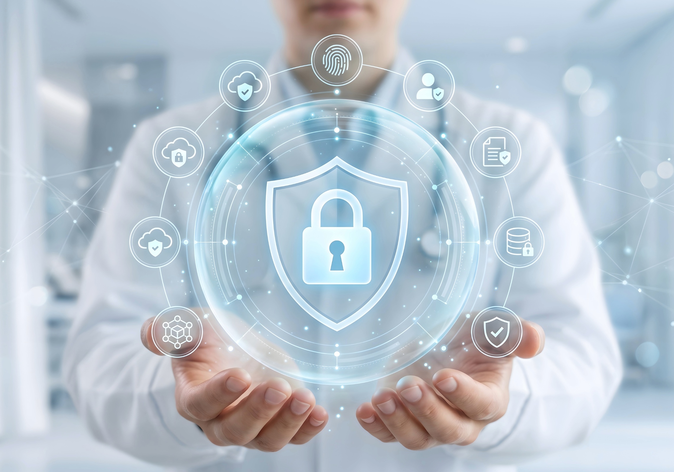 Doctor holding a digital data security and compliance shield