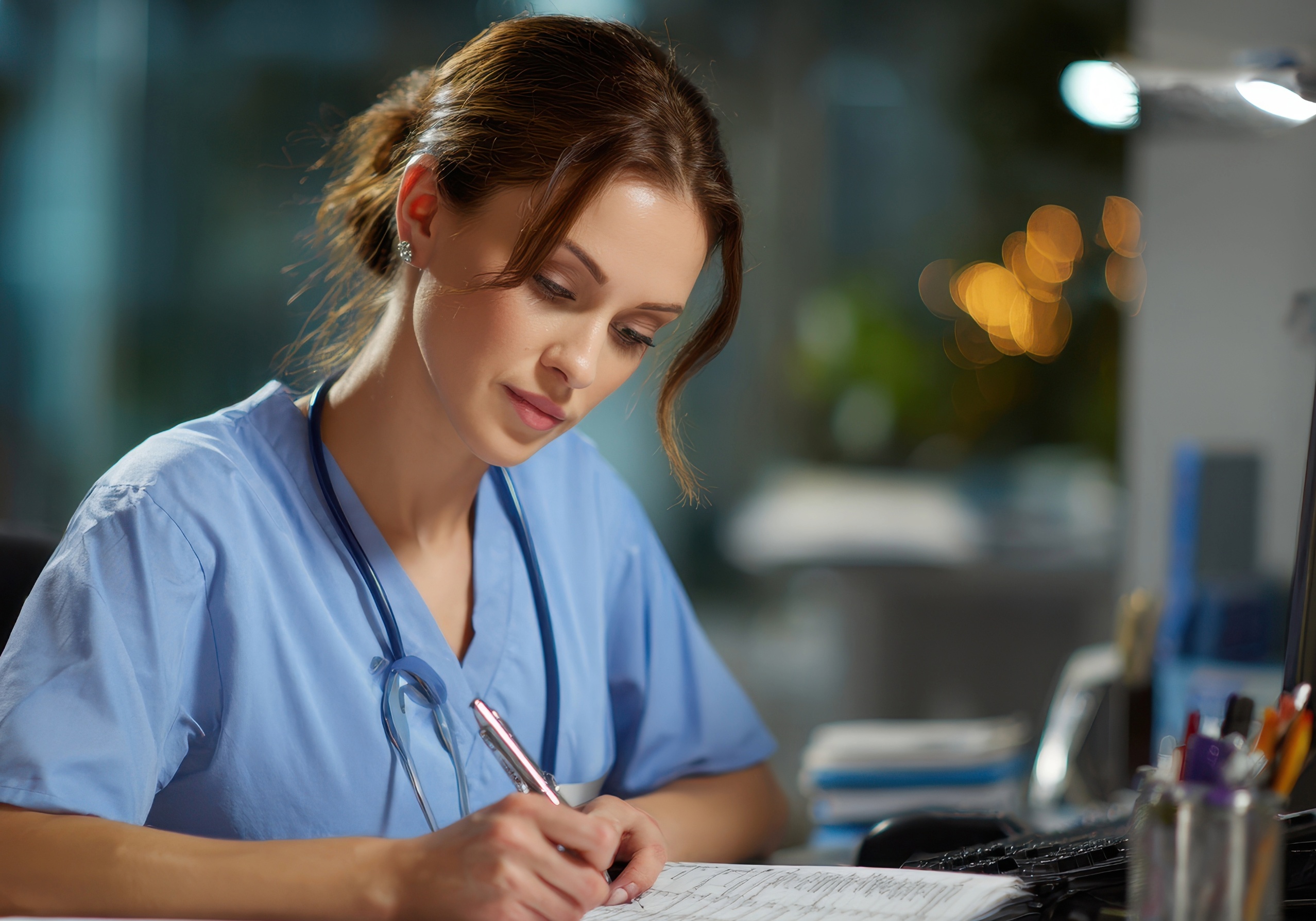 Nurse reviewing patient billing paperwork