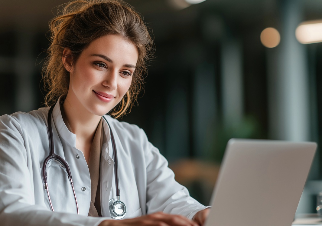 Smiling doctor reviewing medical coding on a laptop