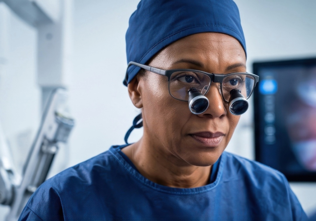 Surgical specialist wearing magnifying loupes