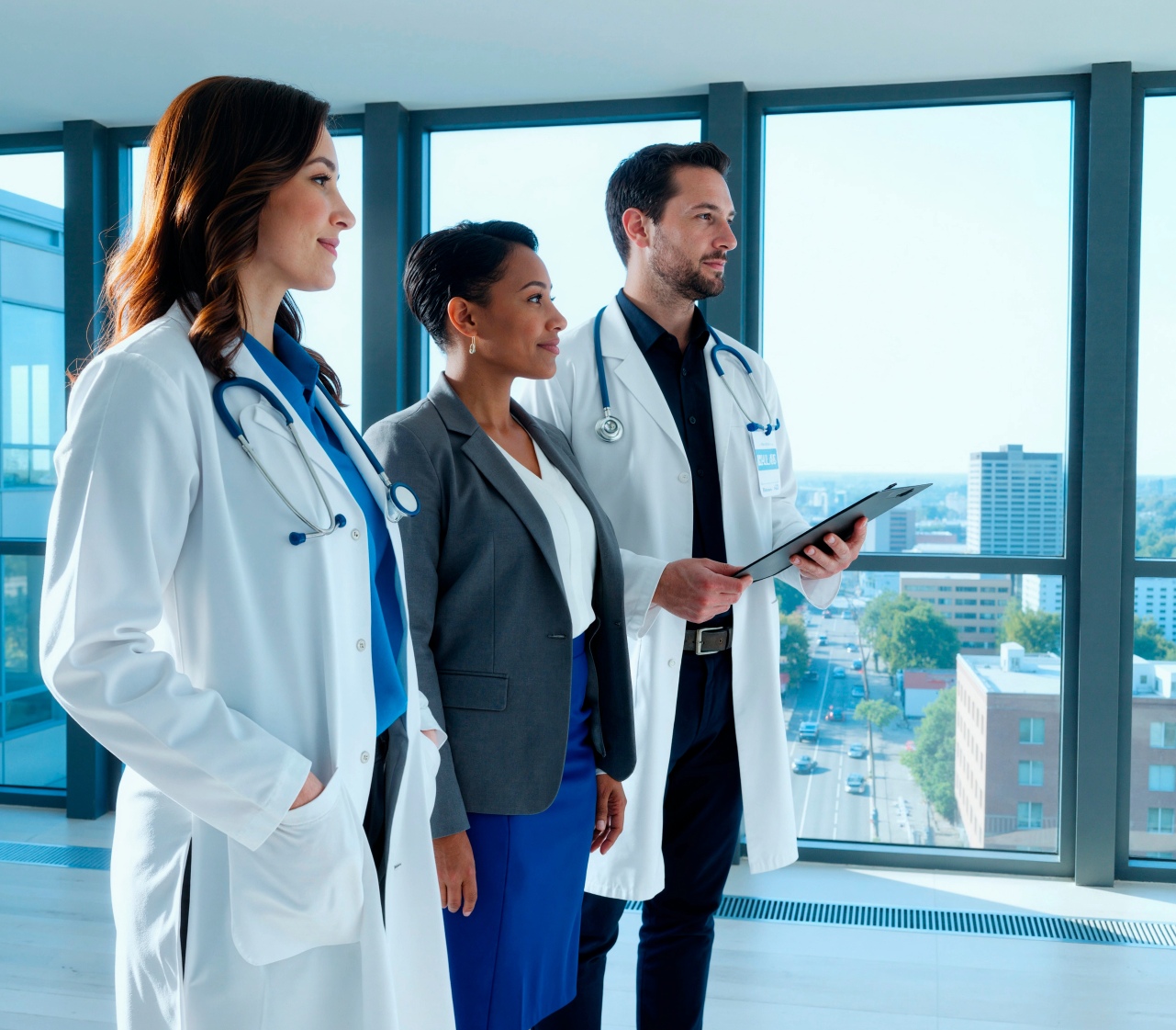 Healthcare team reviewing charts with a city skyline view